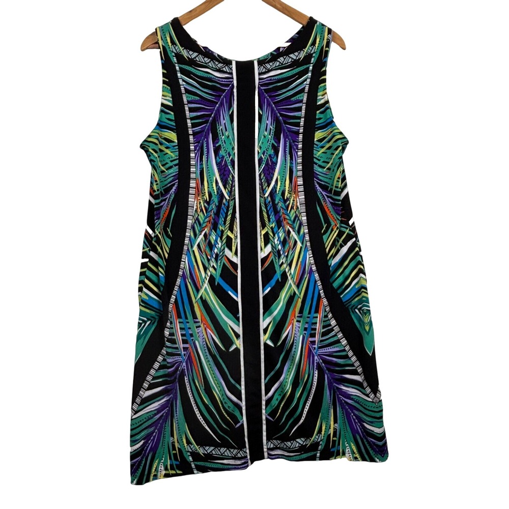 Nicole Miller Women Sleeveless Midi Shift Dress XL Tropical Island Stretch Party